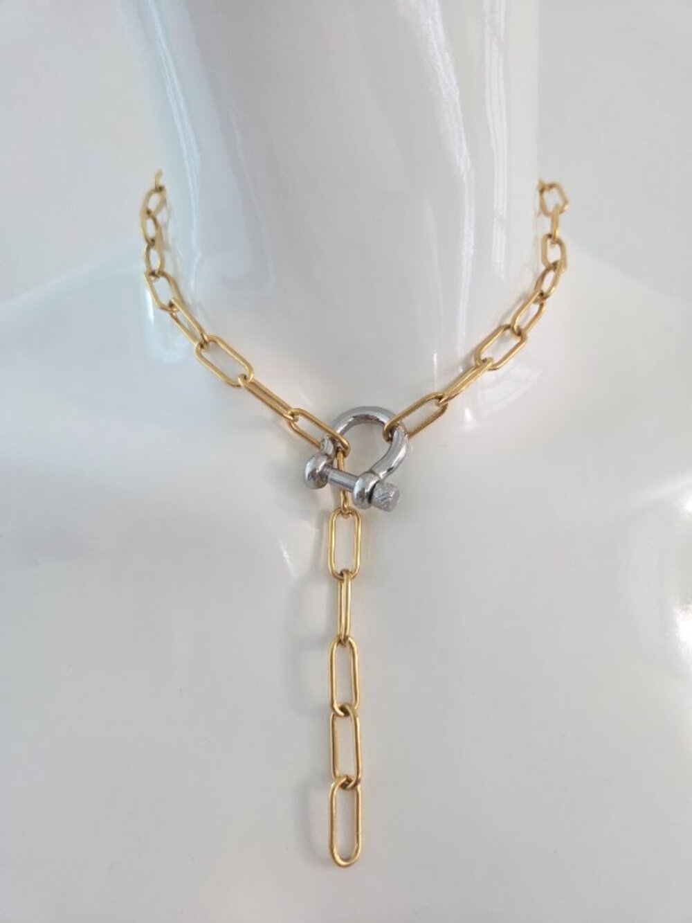 Two Tone Gold Paperclip Chain Silver Horseshoe Shackle Clasp Lariat Y Necklace
